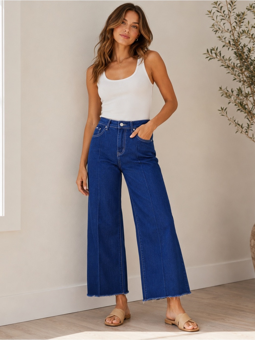 FDJ Olivia Wide Leg Crop Jeans Raw Hem True Blue Size 4 NWOT